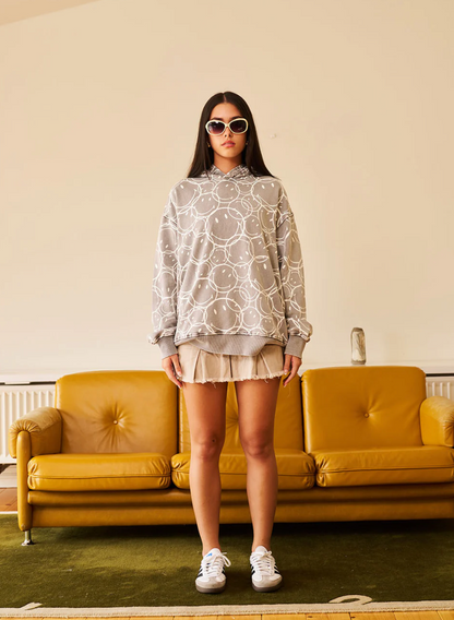 SMILEY ALL OVER GREY FADED HOODIE