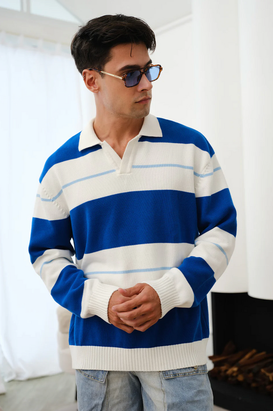 BLUE STRIPE V-NECK KNIT POLO SWEATSHIRT