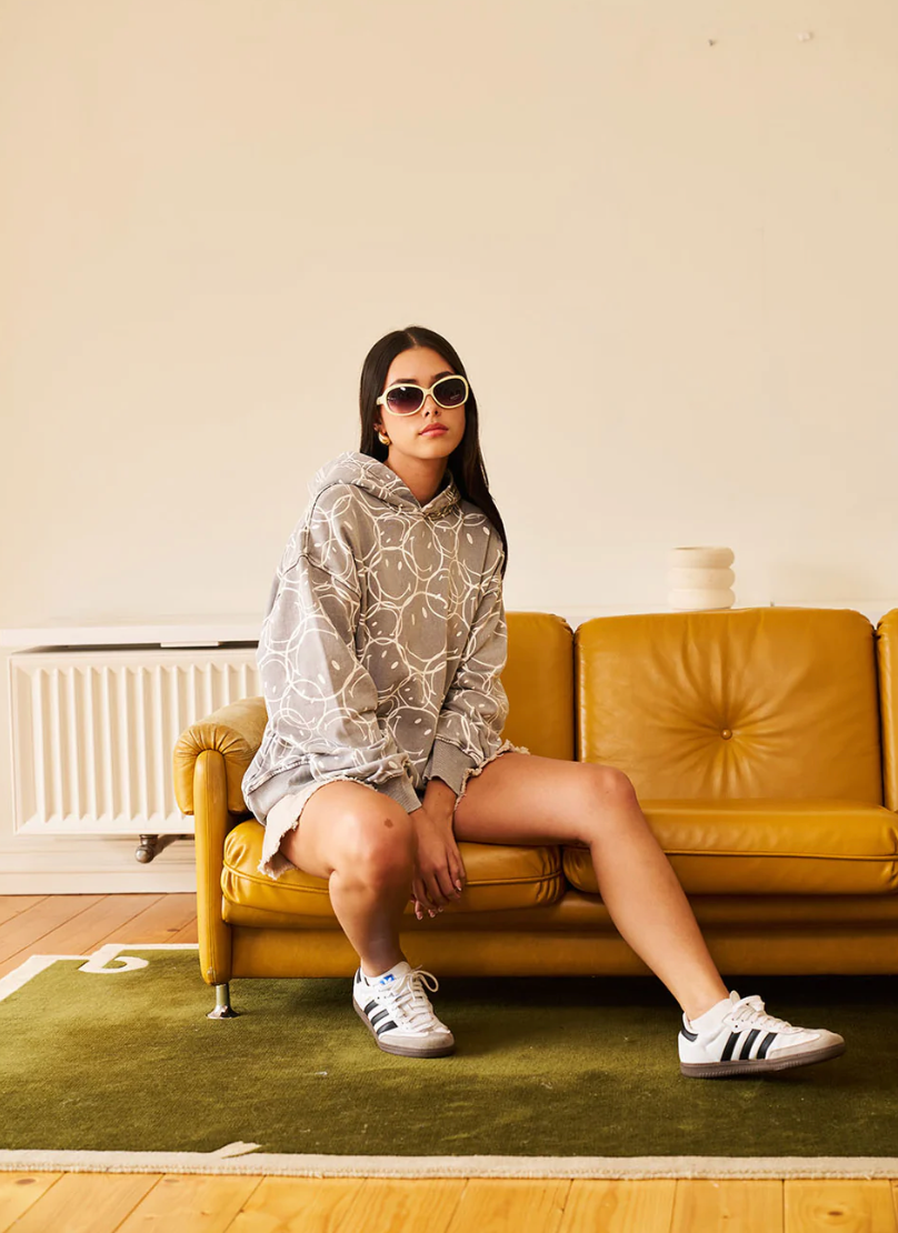 SMILEY ALL OVER GREY FADED HOODIE