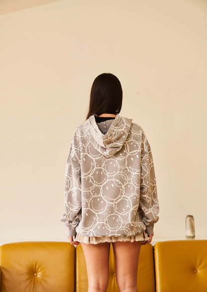 SMILEY ALL OVER GREY FADED HOODIE